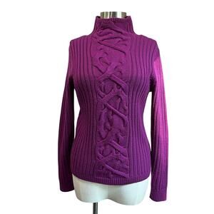 Magaschoni 100% Merino Wool Sweater Cable Knit Fisherman Purple Mock Neck Sz S